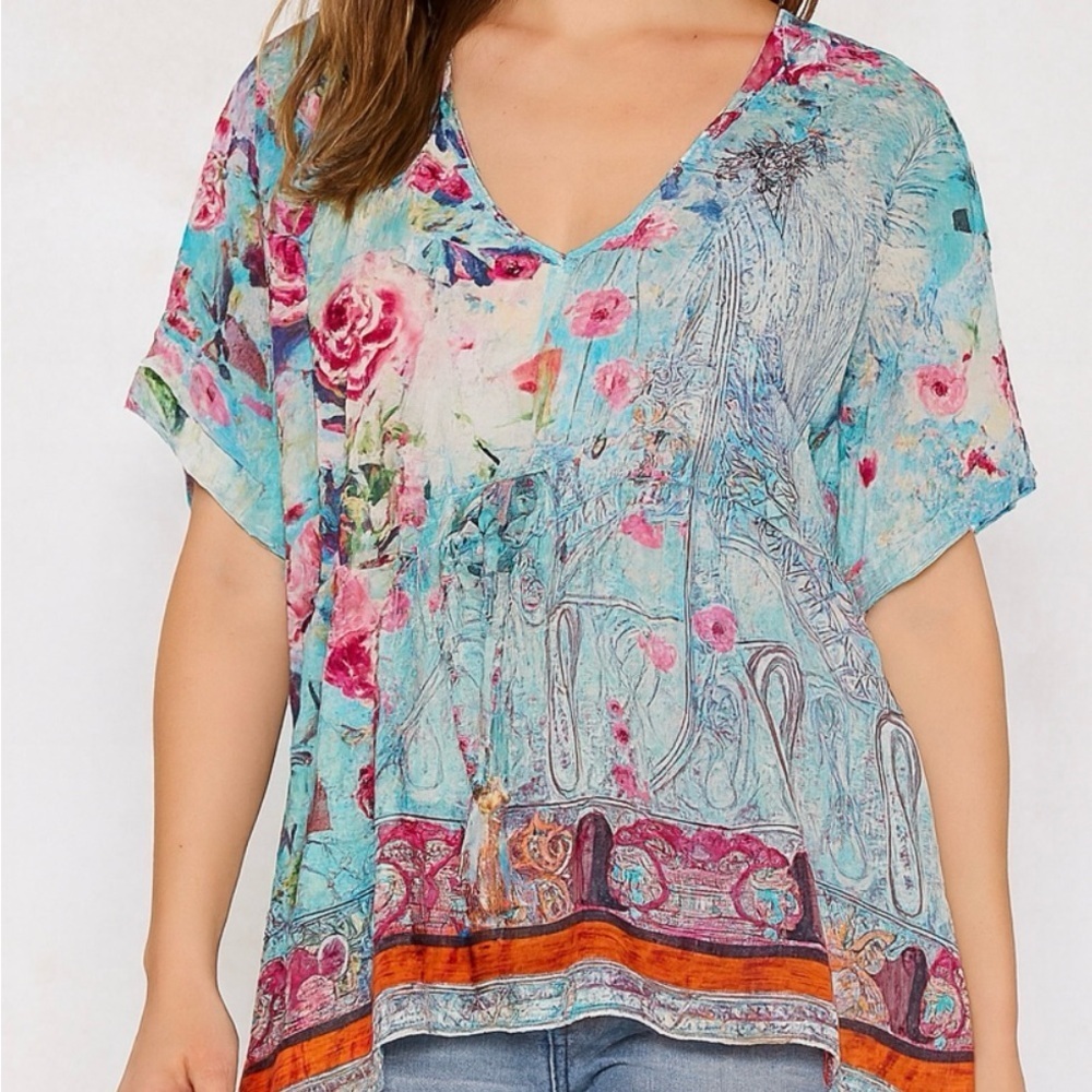 Johnny Was Oversized Flowy Tunic Watercolor Floral Silk Boho Chic Artsy Medium